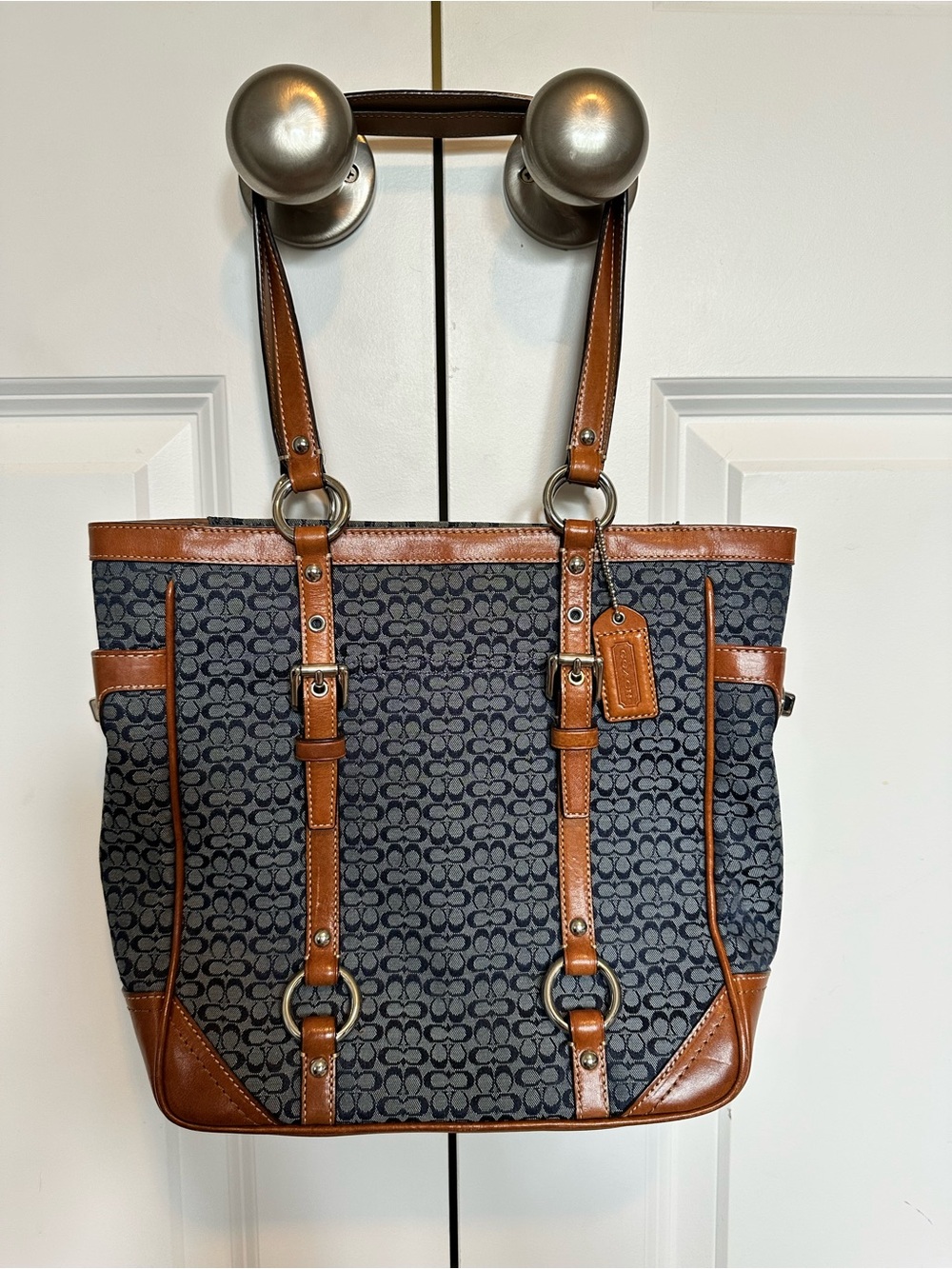 Coach tote small signature blue with tan trim